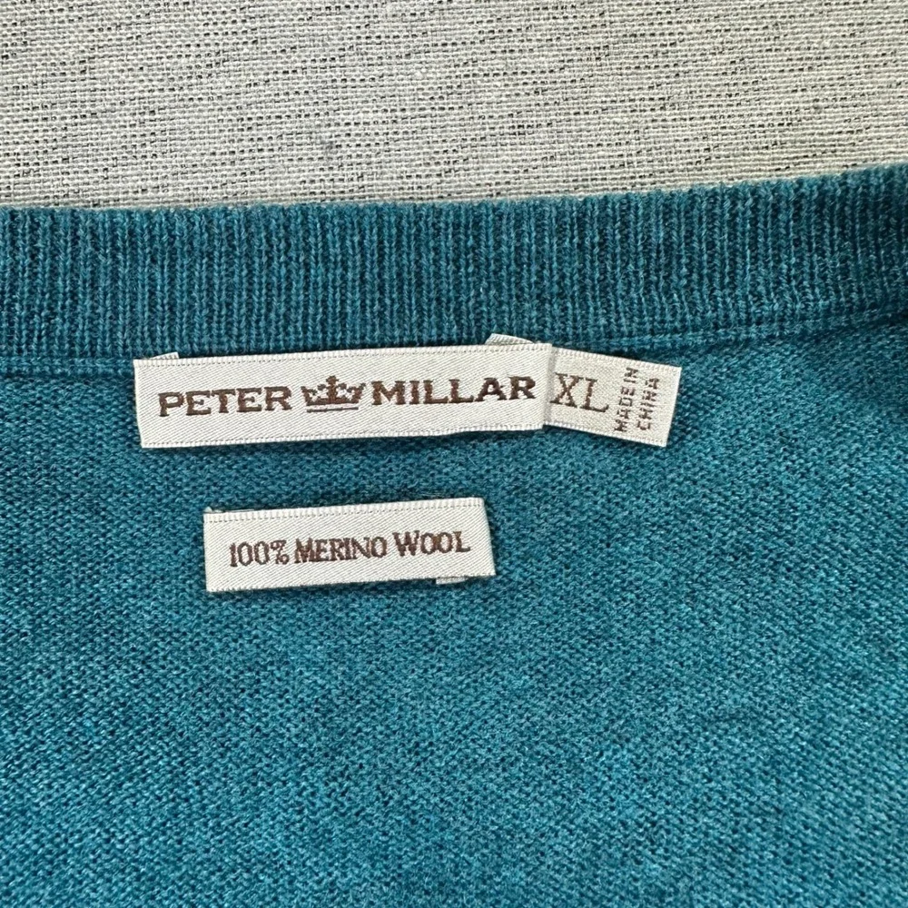 Peter Millar Sweater Mens XL Teal‎ Extra Fine Italian Merino Wool V-Neck MF14S31